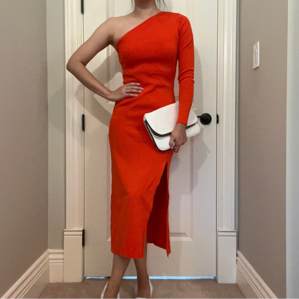One-shoulder bright orange dress